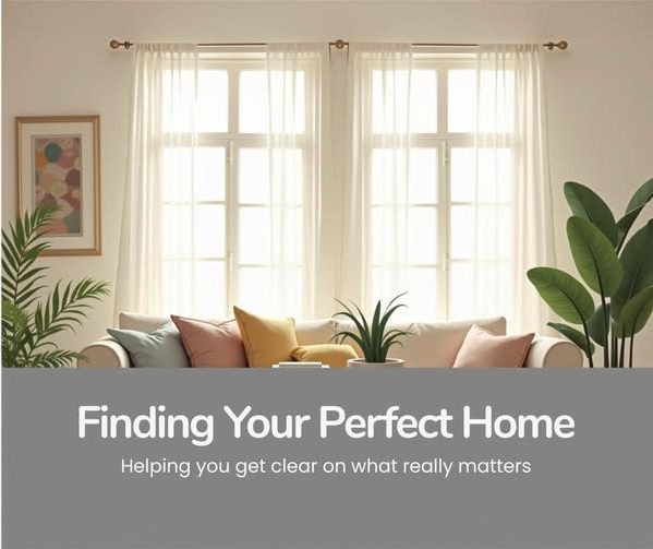 Bright living room with a sofa, cushions, plants, and a window, promoting home finding.